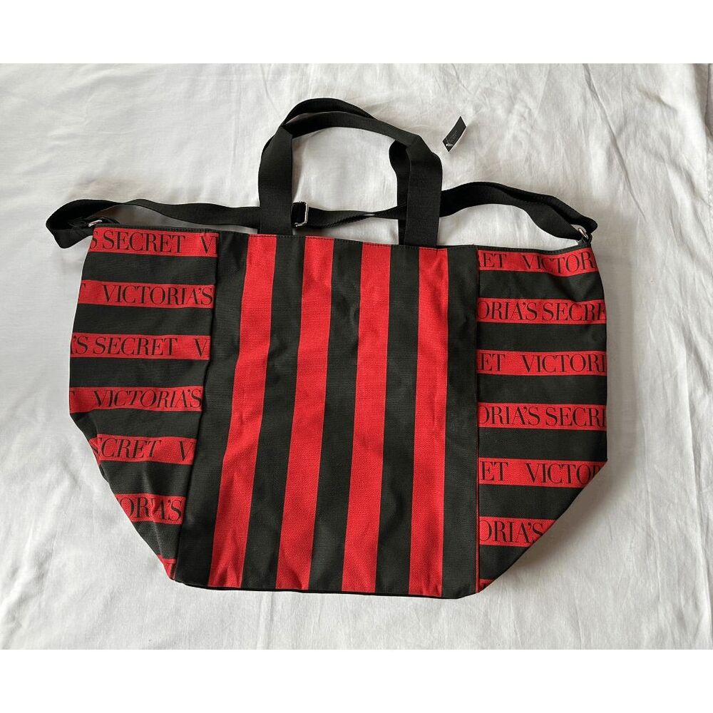 Victoria's Secret Red/Black Striped Large Tote/Beach Bag, NWT, Zipper, Crossbody - Picture 2 of 10
